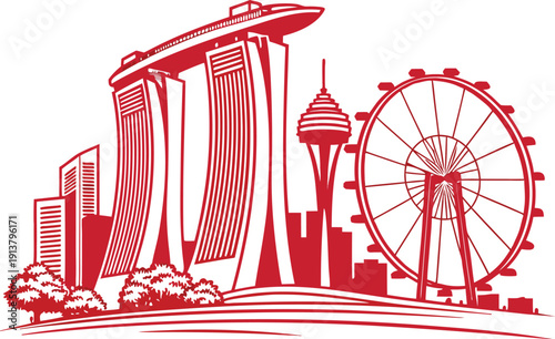 Singapore City Skyline Illustration. Marina Bay Sands Landmark Design. Singapore Urban Cityscape View. Iconic Singapore Skyline Concept. Singapore Travel Destination Illustration. Modern Singapore