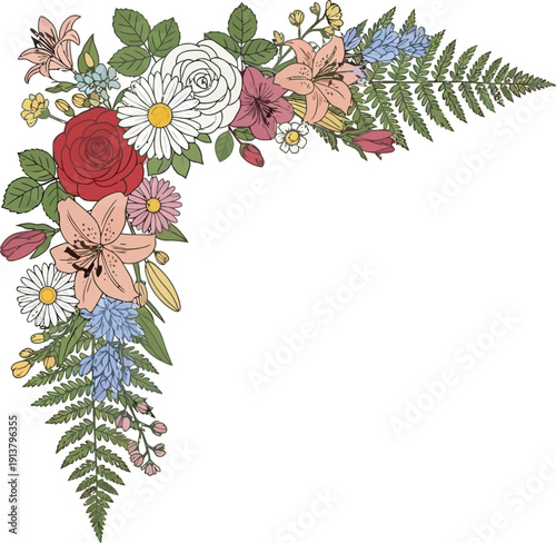 Floral Embroidery Design Featuring Roses, Ferns, and Various Flowers in a Decorative Corner Arrangement