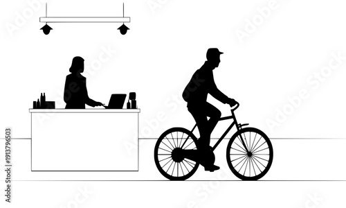 Work life balance silhouette with office worker at desk and cyclist riding bicycle, professional working versus active lifestyle for wellness and productivity concept illustration