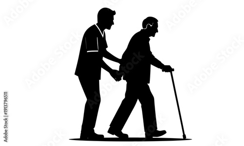 Caregiver helping elderly person walking with cane silhouette, young assistant supporting senior citizen for healthcare and home care assistance concept illustration
