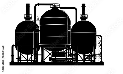 Industrial factory silhouette with storage tanks and silos, chemical plant refinery equipment in black outline for manufacturing and production facility design