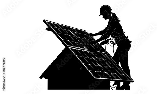 Silhouette of a female technician installing solar panels on a rooftop, representing renewable energy, clean power generation, sustainable technology and modern solar installation concepts