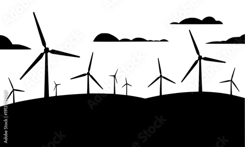 Wind turbine landscape with multiple windmills on rolling hills in black silhouette style representing renewable energy, clean power generation and sustainable environmental technology concepts