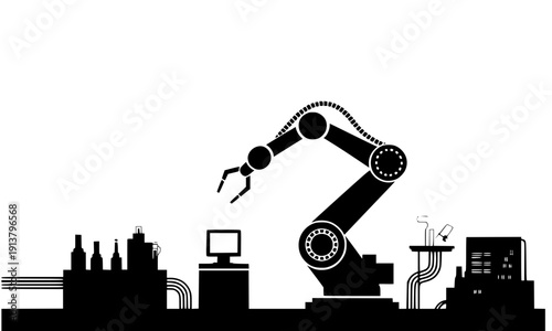 Automated industrial production line with robotic arm, conveyor system, machinery and factory equipment shown in clean black silhouette design for technology, manufacturing and automation concepts