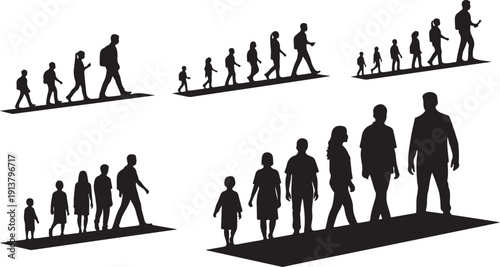 Silhouettes of diverse families walking together in unity