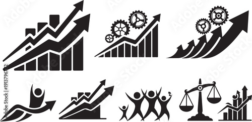 Business Growth and Success Icons in Black and White
