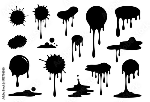 Black paint drip and ink splash silhouette vector set