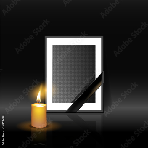 Black mourning frame with black ribbon and burning candles isolated on gray background. Vector