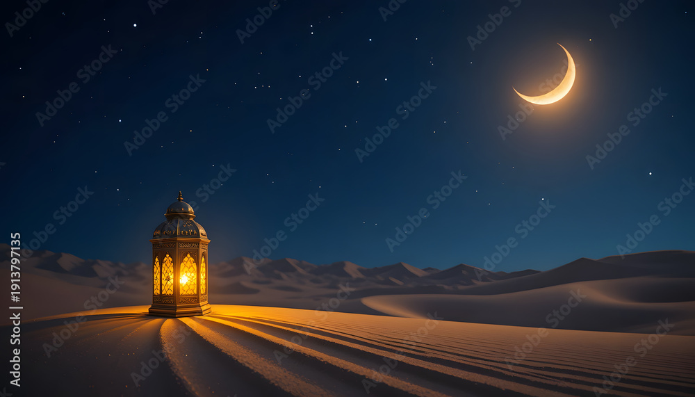 Obraz premium Glowing Ramadan Lantern in Desert Under Crescent Moon