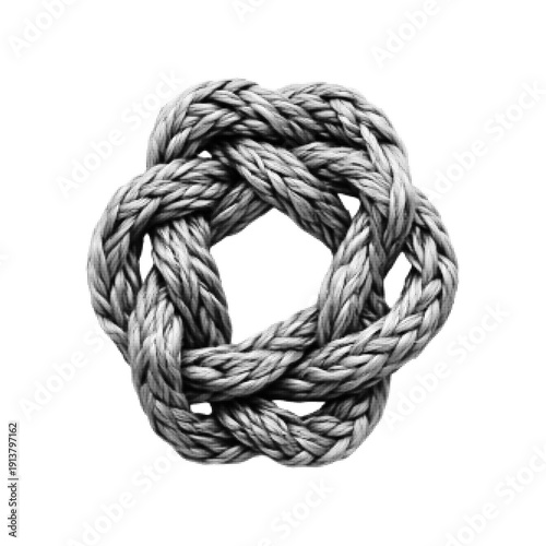 Black and white halftone illustration of knotted rope loop isolated on white background. Strength, connection, teamwork and unity concept in retro monochrome style.