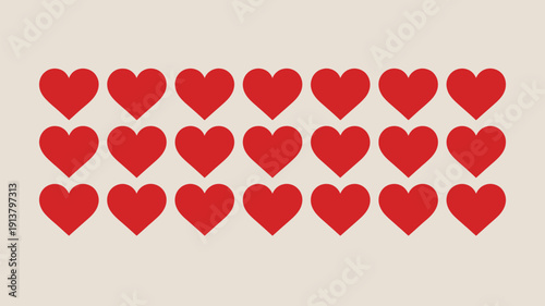 Vibrant red hearts arranged in rows on beige background