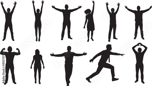 Silhouettes of people in various poses and movements together
