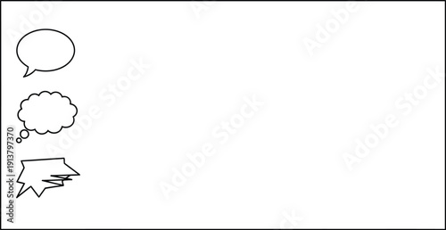 Simple Black and White Illustration of Speech Bubbles and Banner on White Background from Direct Viewpoint