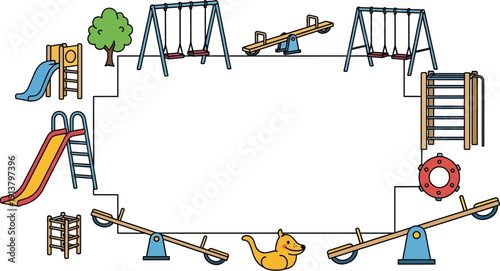 Children's playground with swings and slides surrounded by trees and safety equipment in a vibrant illustration style
