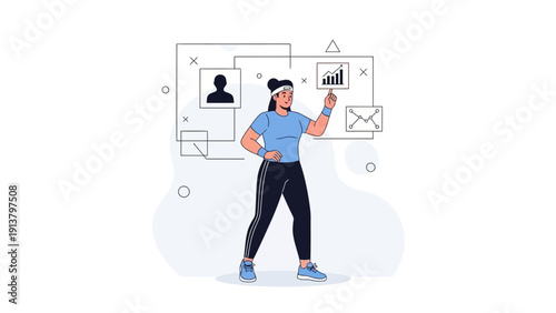 Woman using digital interface for fitness tracking and data analysis