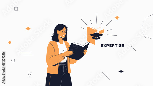 Woman Reading Book, Expertise and Knowledge Concept, Education and Learning