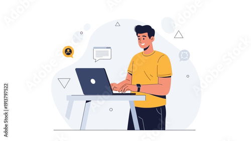 Man working on laptop, online communication and digital connection concept