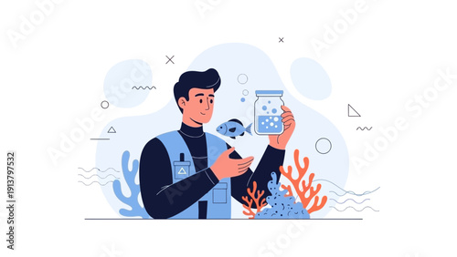 Marine Biologist Examining Fish Sample in Jar, Underwater Research