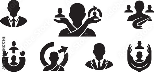 Business Teamwork Leadership Support Icons Set in Black Silhouette