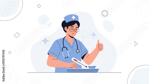 Nurse Giving Thumbs Up, Medical Care Concept, Healthcare Illustration