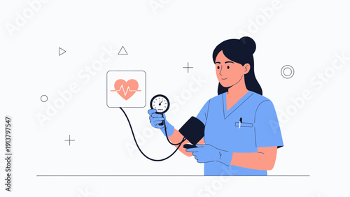 Nurse taking blood pressure with heart vital sign monitor