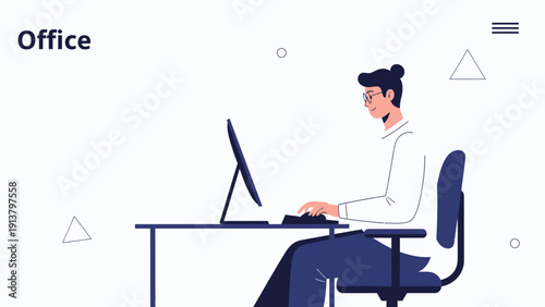Office worker typing on computer at desk, modern flat illustration
