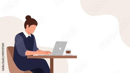 Person working on laptop at cafe table with coffee, modern flat illustration