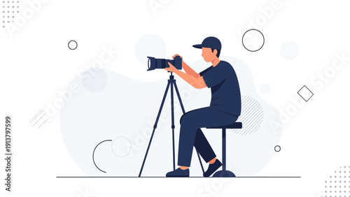 Photographer with Camera on Tripod, Creative Hobbyist Taking Photos