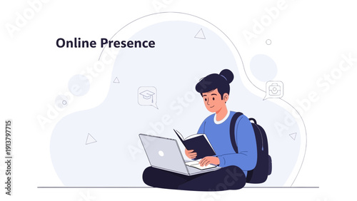 Student Learning Online With Laptop and Book, Digital Education Concept