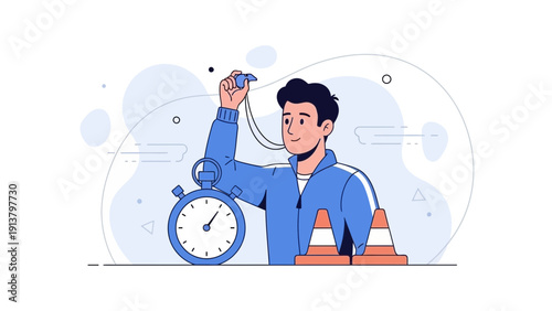 Sports Coach Blowing Whistle with Stopwatch and Cones - Training Concept Illustration