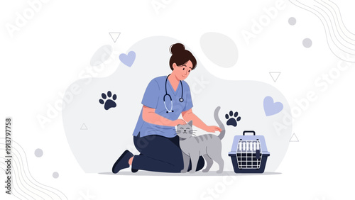 Veterinarian Caring for a Cat with Pet Carrier and Paw Prints