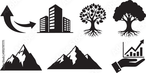 Business Growth and Nature Icons in Black and White