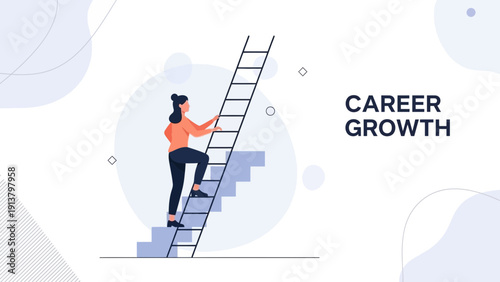 Woman climbing ladder to career growth, business success concept illustration