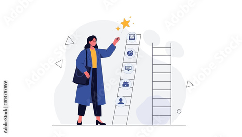 Woman climbing ladder of success with career icons and star