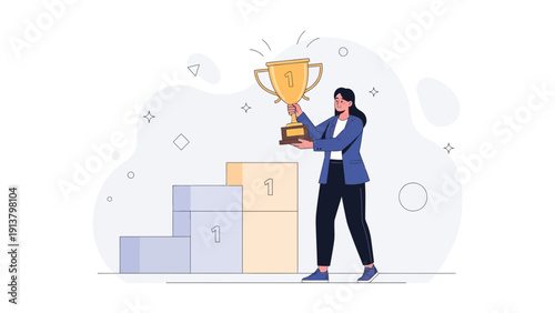 Woman holding a gold trophy on a winners podium, concept of achievement and success