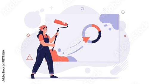 Woman painting a circular graph on a whiteboard, concept of data visualization and planning