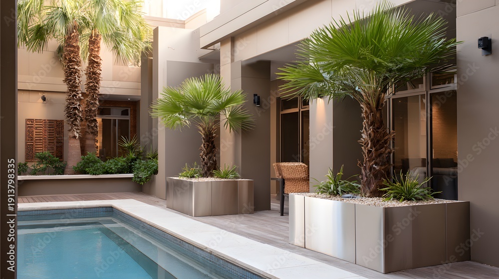 Fototapeta premium Modern poolside oasis with palm trees and sleek planters