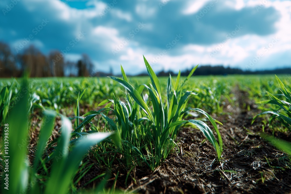 Obraz premium Green Barley Seedlings Cover a Field in Spring Under a Soft Cloudy Sky With Fresh Growth and Sunlight