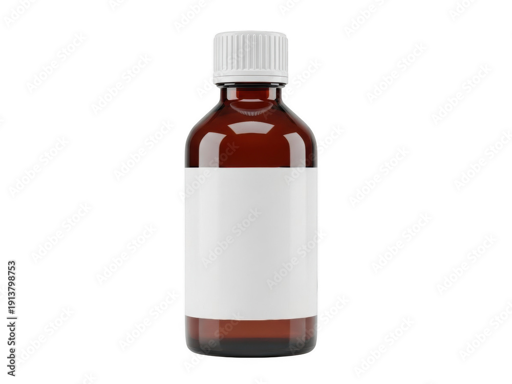 Fototapeta premium A brown glass bottle with a white label and cap on a plain background isolated on transparent background