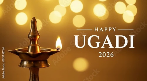 Happy ugadi 2026 message brass oil lamp diya flame light hindu new year festival tradition culture celebration ritual auspicious prayer worship religion wood