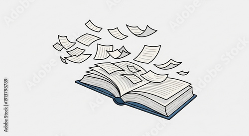 Open Book with Flying Pages Isolated on White Background