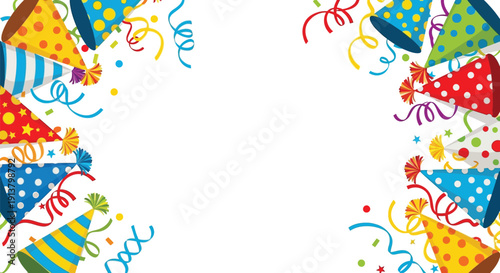 Celebratory scene with party hats and confetti bordering a central empty space from a direct viewpoint