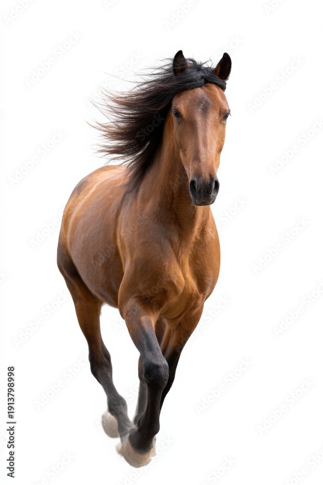 Obraz premium Majestic brown horse galloping with flowing mane on white background