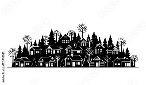 Houses among trees winter forest silhouette vector scene