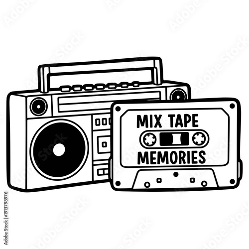 Vintage Boombox with Cassette Tape - Nostalgic Mix Tape Memories Illustration
