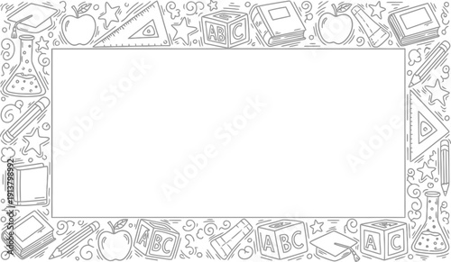 Education-themed border frame with school supplies and objects, top view illustration