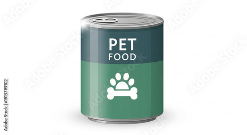 Pet Food Can with Paw Print and Bone Icon on Green Label Isolated on White