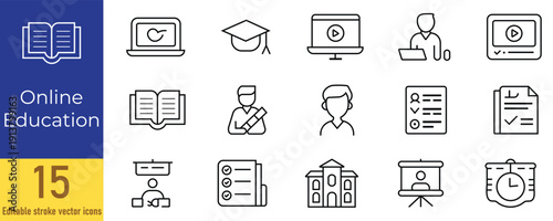 A collection of fifteen linear icons representing various aspects of modern online education high quality