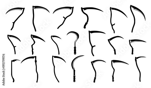 Stylized scythe silhouettes black vector set transparent background