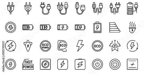Electric charging and battery linear icon pack isolated on white background for tech UI